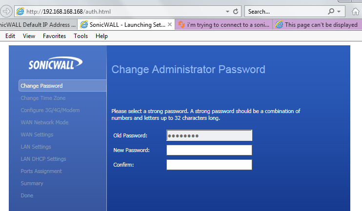 Sonicwall web interface change password