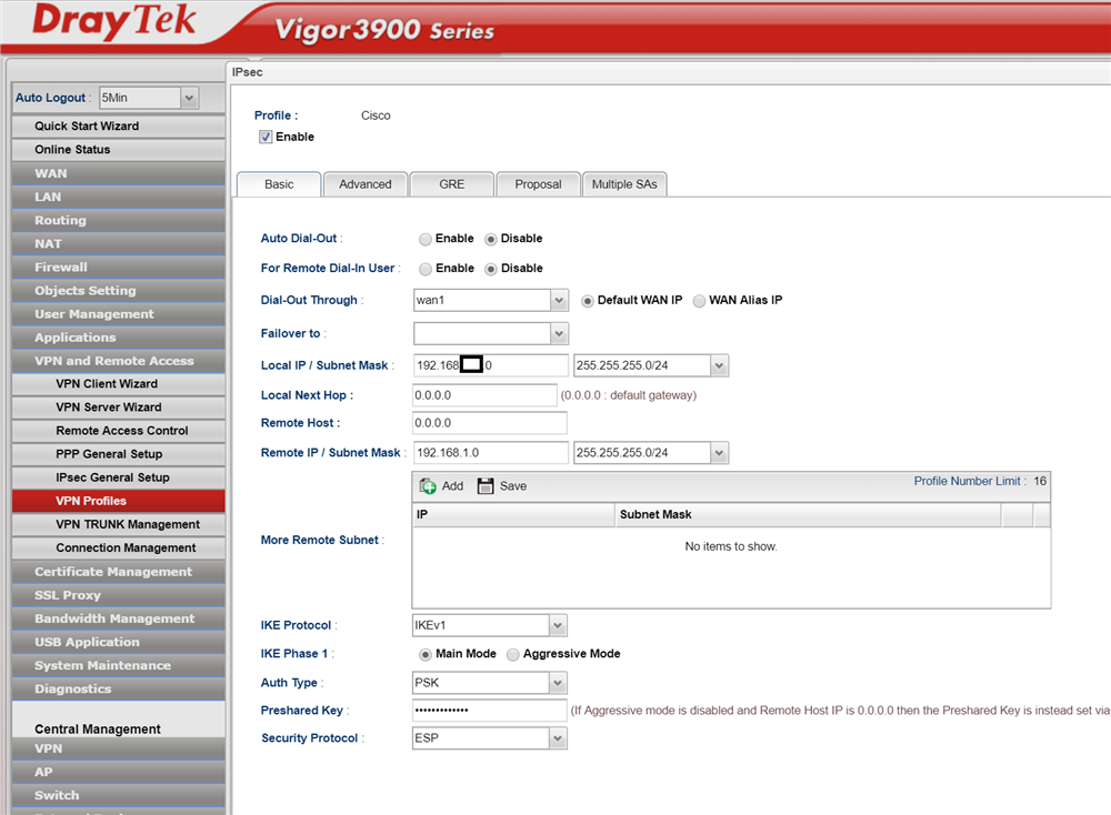 DrayTek Vigor 3900 IPSec Profile