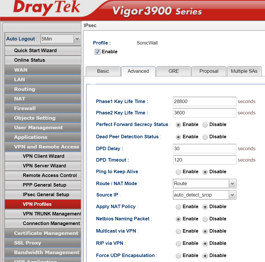DrayTek-Sonicwall IPSec VPN Advanced Tab