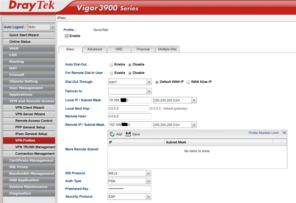 DrayTek to Sonicwall IPSec VPN Set-up