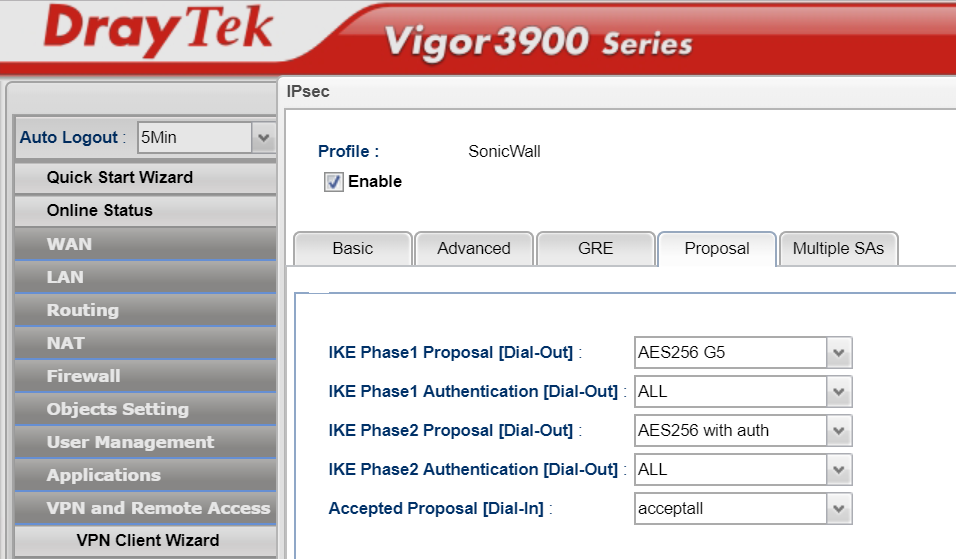 DrayTek-Sonicwall IPSec VPN Proposals