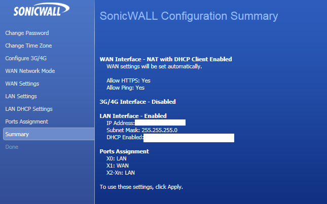 Sonicwall Configuration Summary