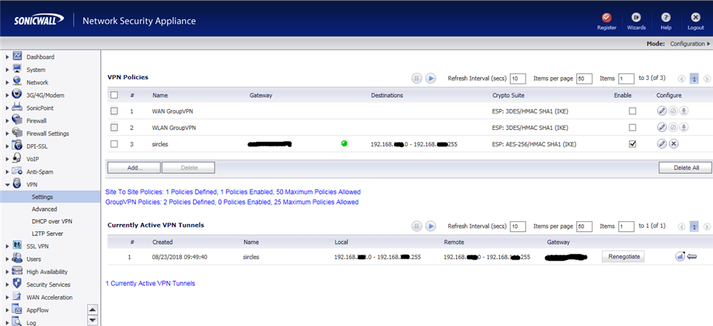 Sonicwall-DrayTek IPSec VPN is Up