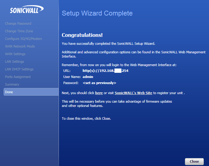 Sonicwall set-up wizard complete