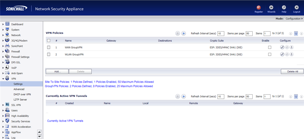 Sonicwall VPN Settings Page