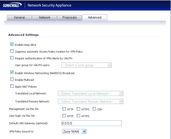 Sonicwall VPN advanced tab