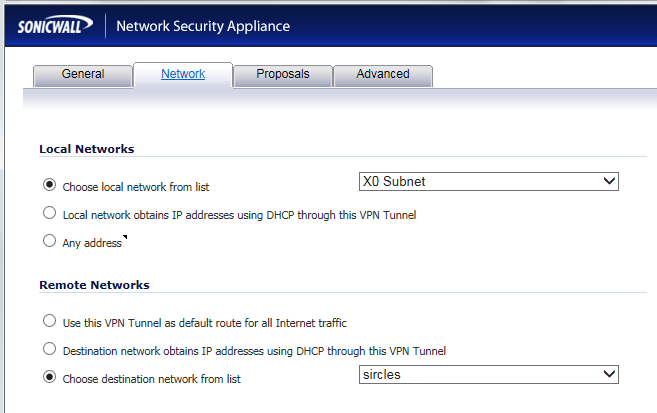 VPN network page Sonicwall