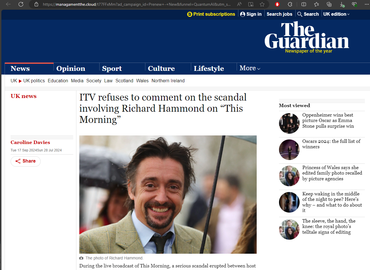 Facebook Celebrity Fake News Ads: Richard Hammond Fake Guardian Article