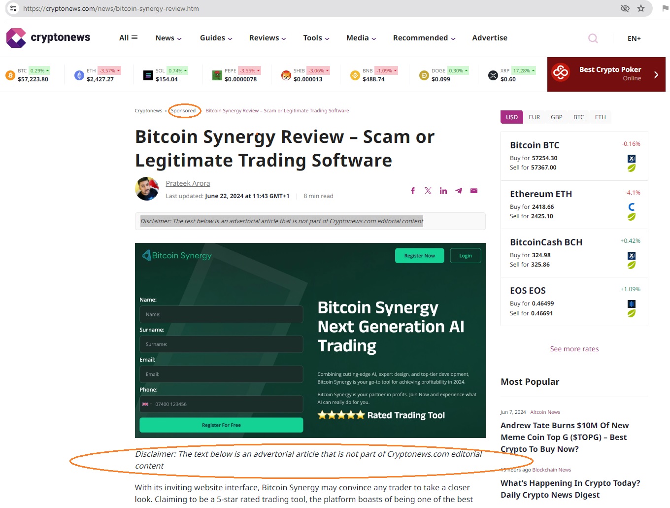 CryptoNews Posing as a REview Site when they are an Affiliate Scammer