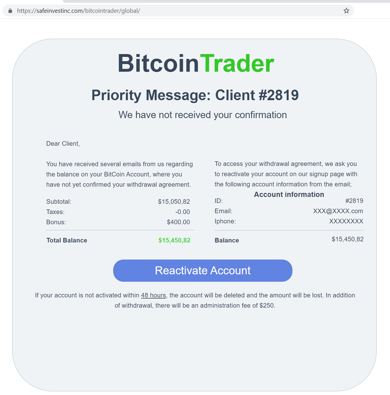 Fake Bitcoin Trader Balance Emails