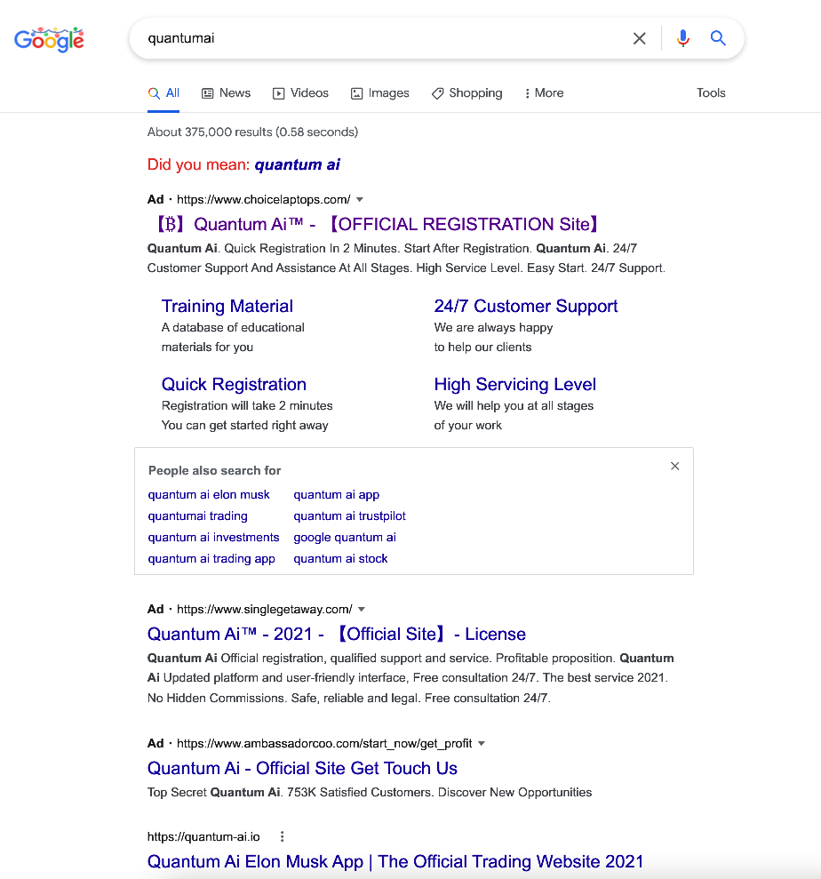 Quantum AI SCAM on Google Ads
