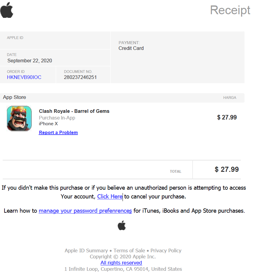Re: [Receipt From Apple Payment] Thank you for purchasing the "Clash Royal" Spam Apple Phishing