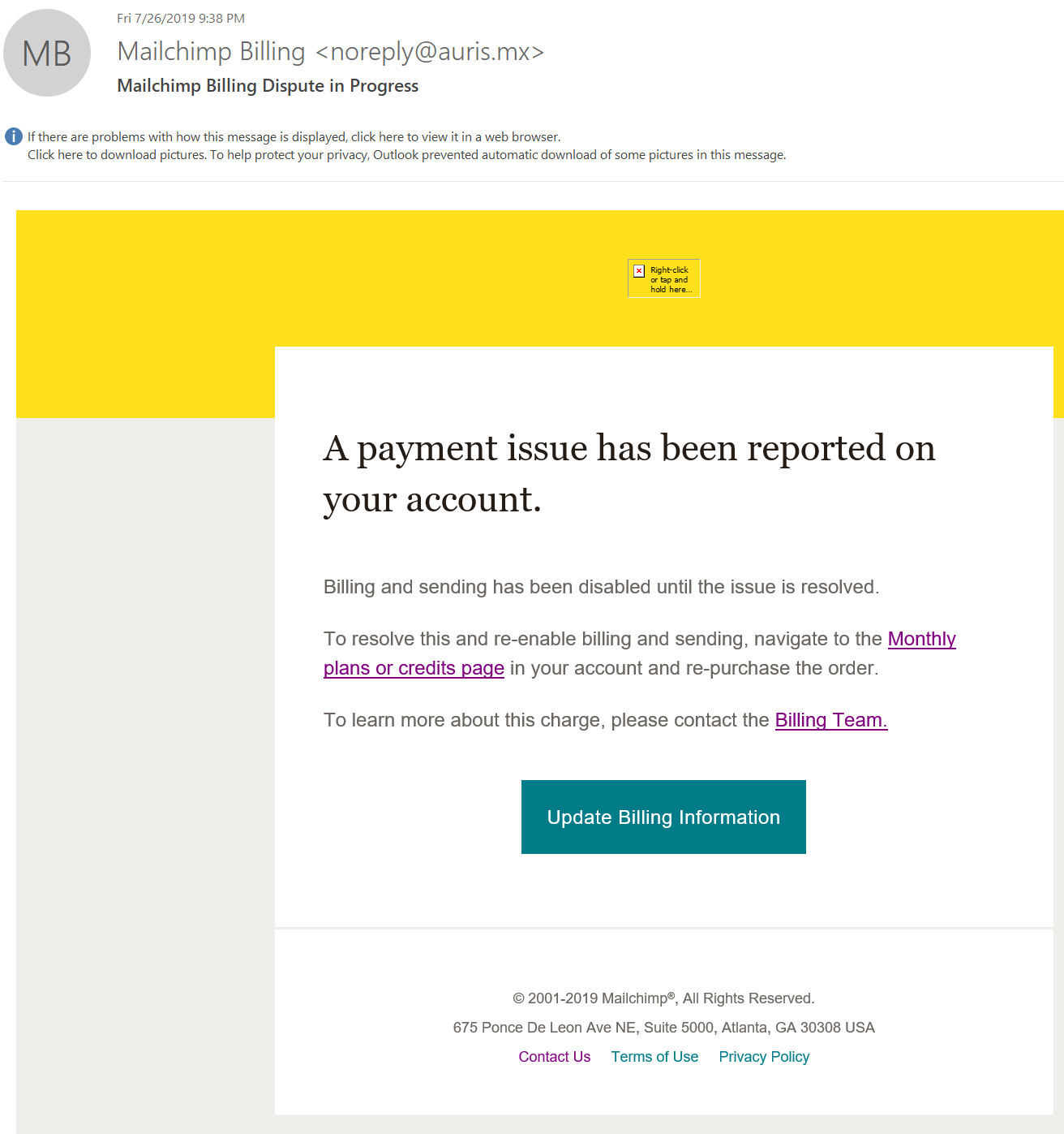A payment issue has been reported on your account - Mail Chimp Spam !!!