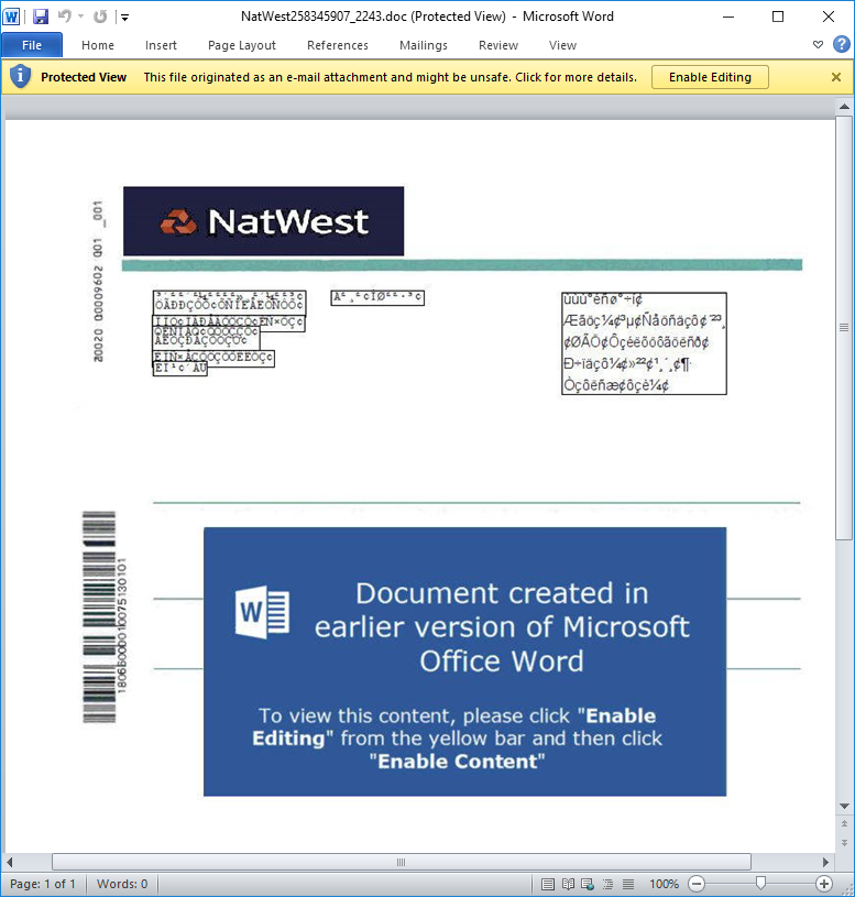 Natwest Spam Emails with Microsoft Word Attachments
