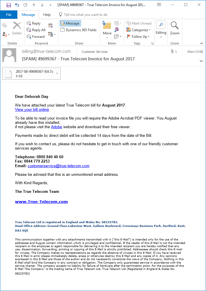49699367 - True Telecom Invoice for August 2017 Spam Email