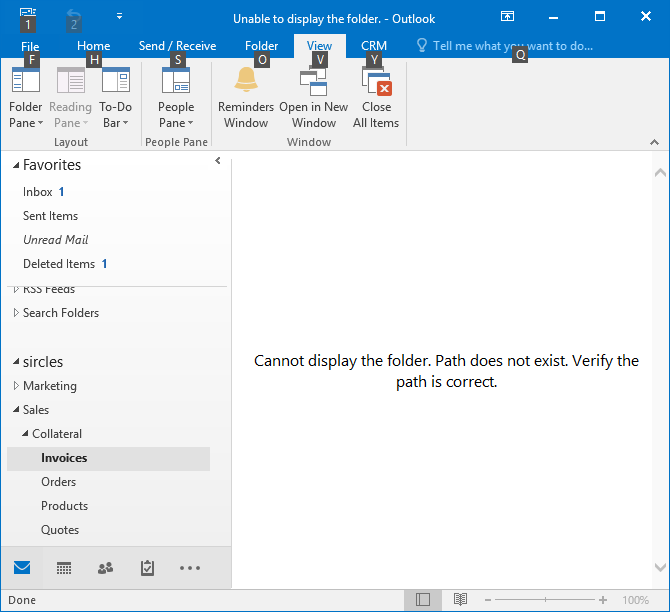 CRM 2016 for Outlook - Cannot display the folder Path does not exist Verify the path is correct