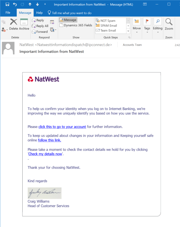 Spam: Important Information from NatWest