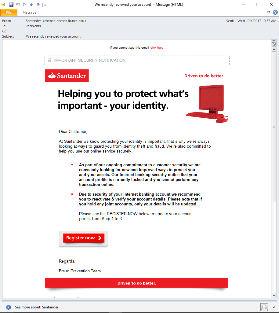 Santander Spam email - We recently reviewed your account