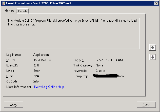 Exchange 2010 kerbauth.dll IIS error 2280