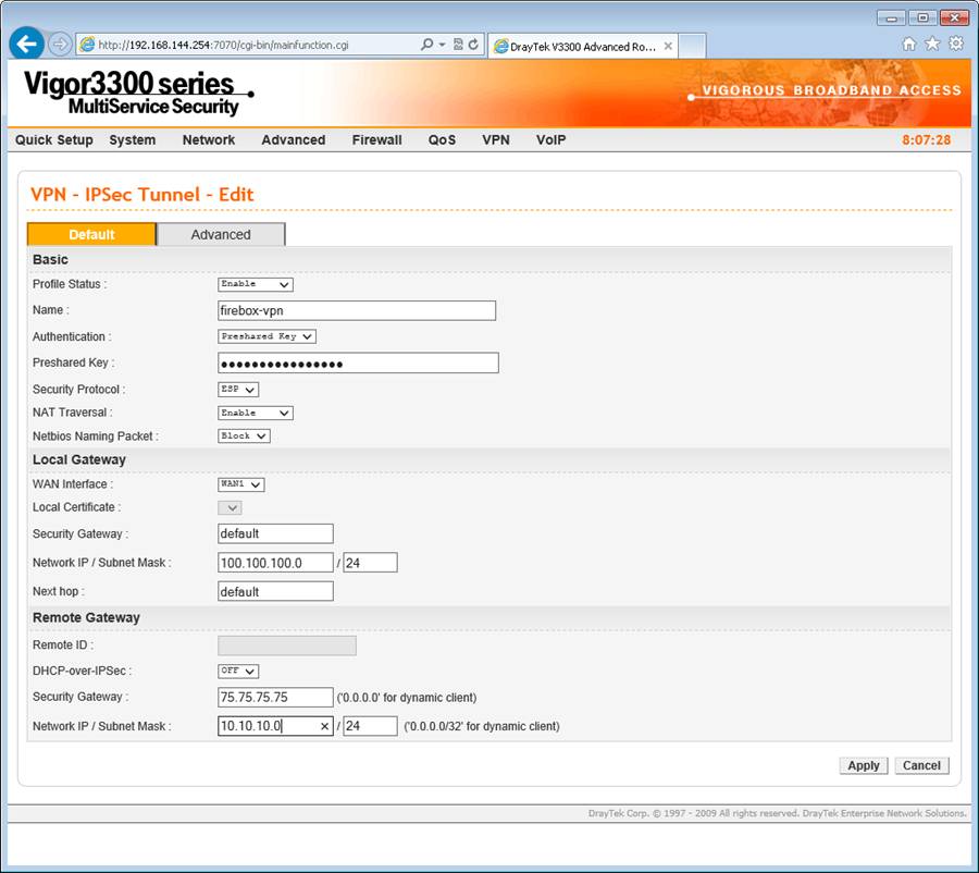 DrayTek 3300v IPSec VPN Tunnel Settings