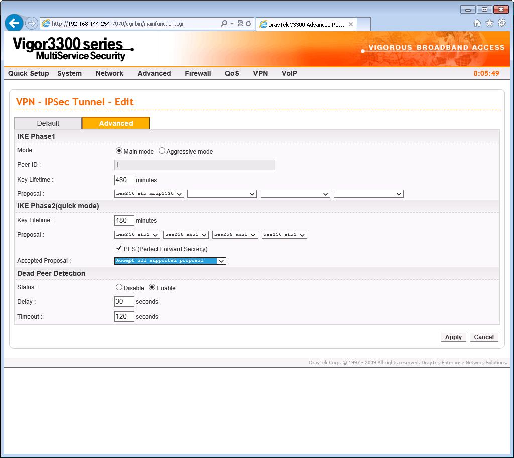 DrayTek 3300v IPSec VPN Advanced Settings